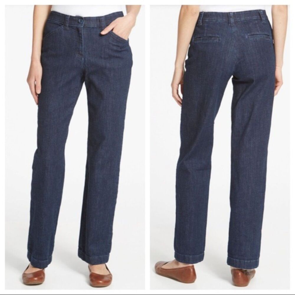 LL Bean Elastic Waist Straight Leg Stretch Blue Denim Jeans Size 4 Petite